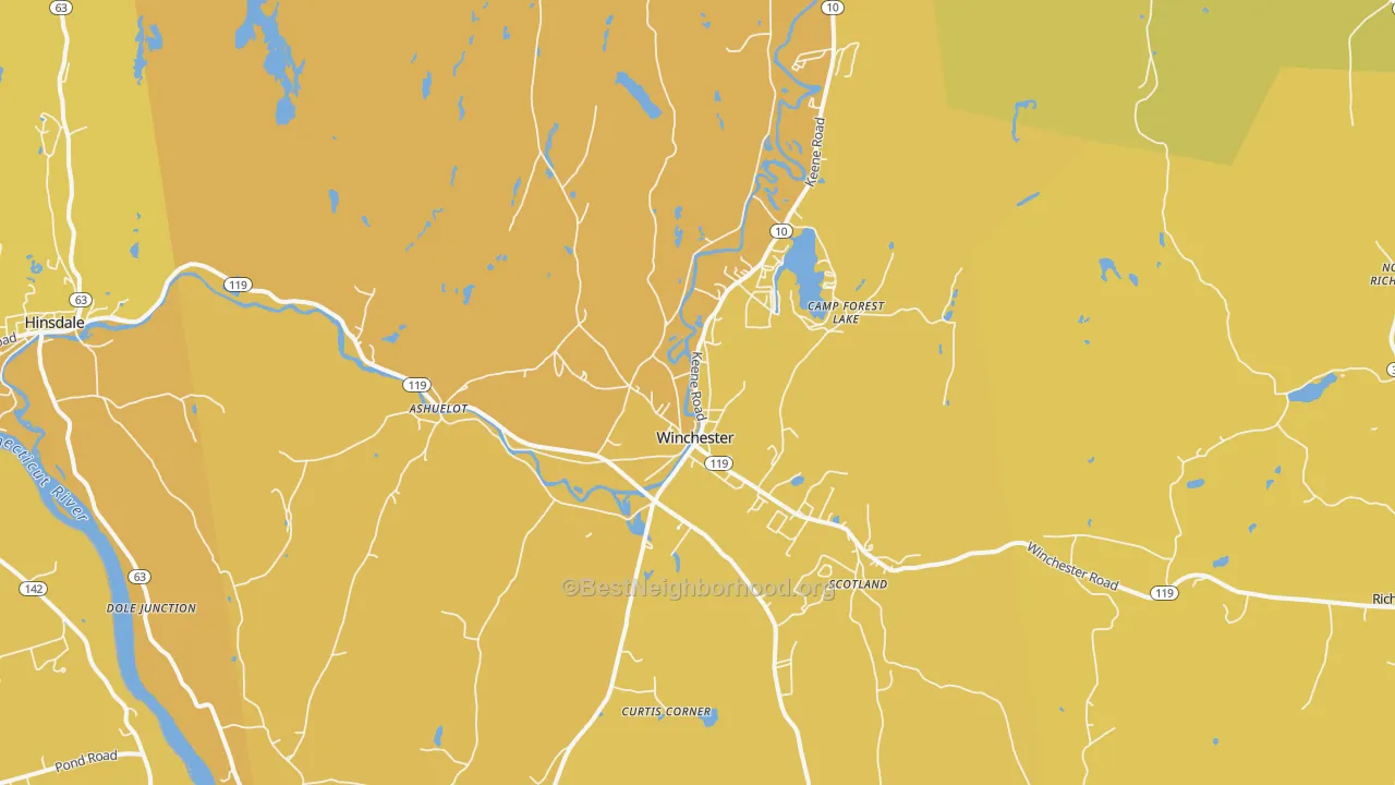 Map of the best neighborhoods in the Winchester area, with better matches in green and worse matches in red