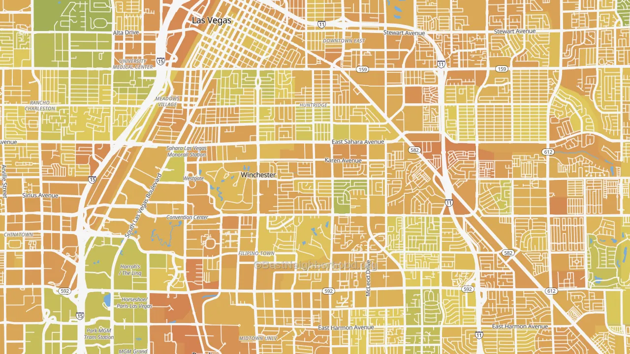 Map of the best neighborhoods in the Winchester area, with better matches in green and worse matches in red