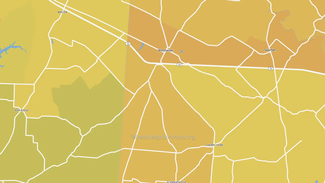 Map of the best neighborhoods in the Winchester area, with better matches in green and worse matches in red