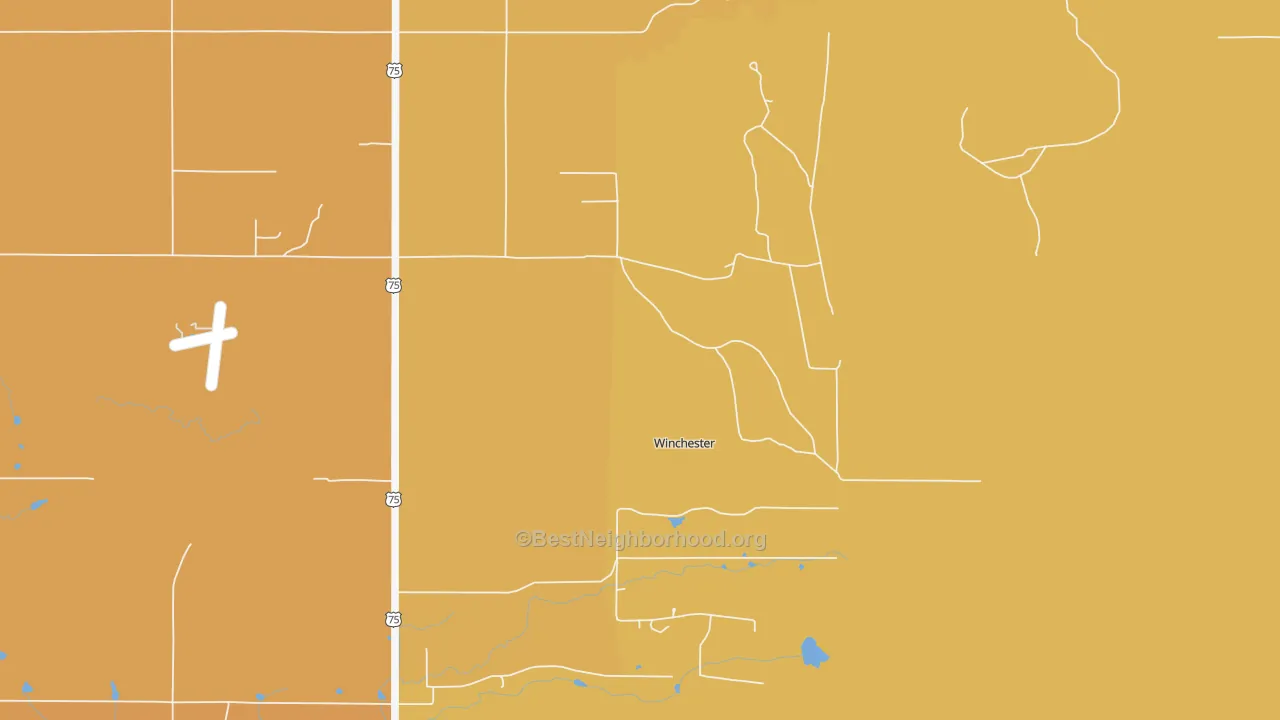 Map of the best neighborhoods in the Winchester area, with better matches in green and worse matches in red