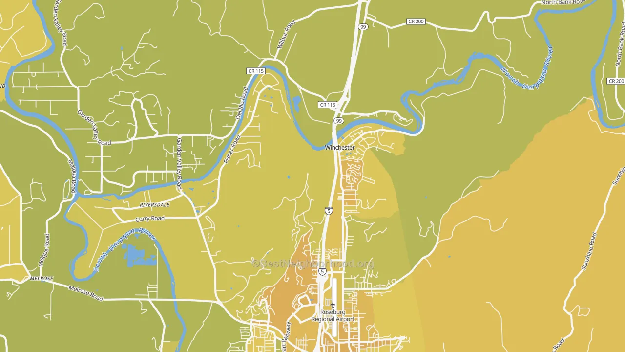 Map of the best neighborhoods in the Winchester area, with better matches in green and worse matches in red