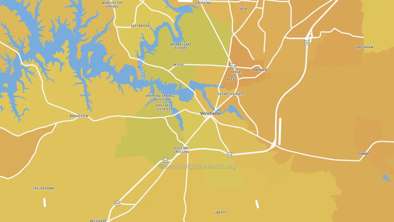 Map of the best neighborhoods in the Winchester area, with better matches in green and worse matches in red