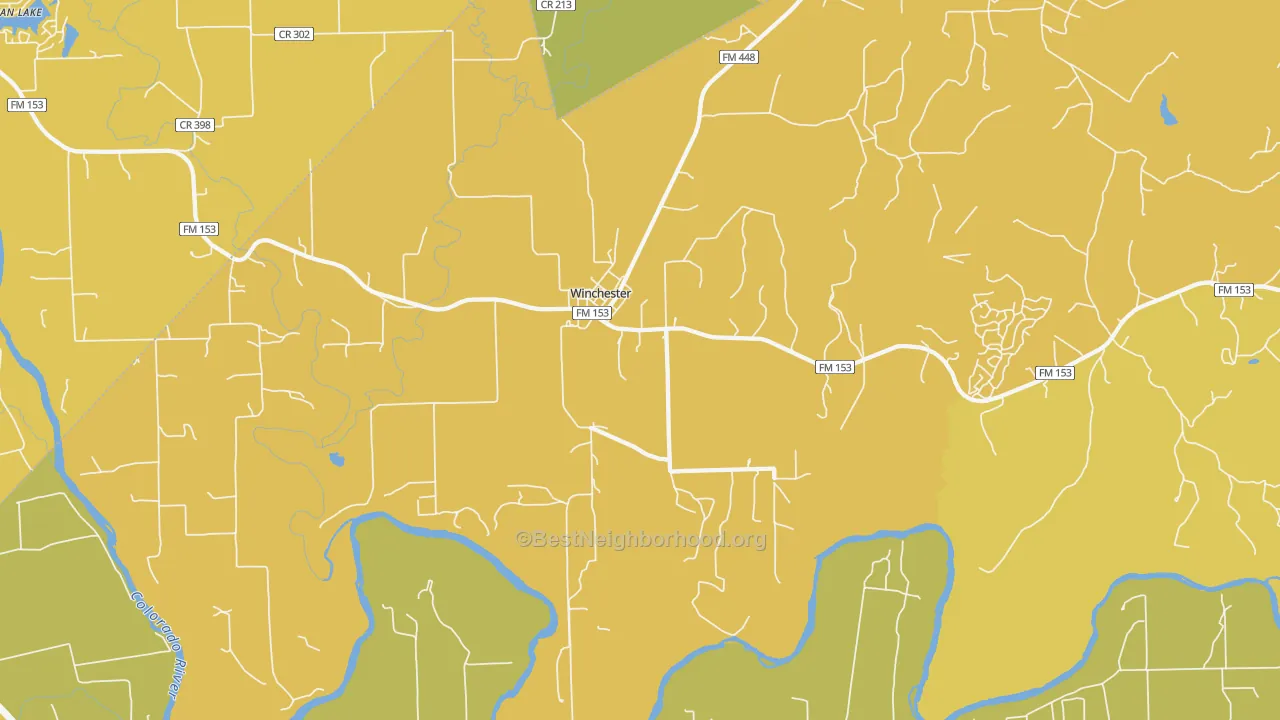 Map of the best neighborhoods in the Winchester area, with better matches in green and worse matches in red