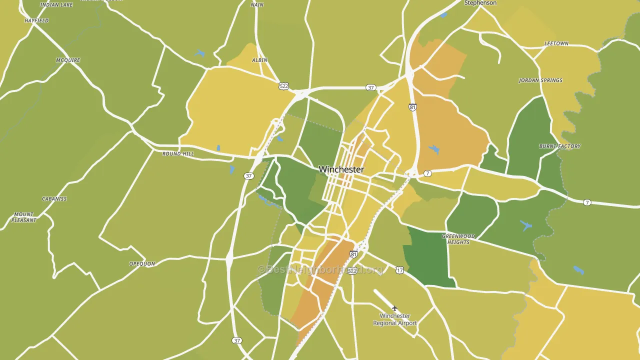 Map of the best neighborhoods in the Winchester Metro area, with better matches in green and worse matches in red