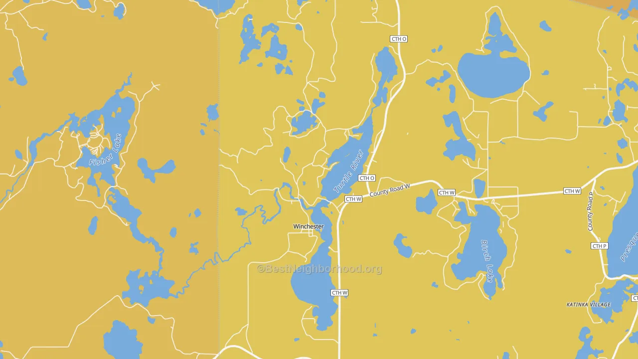 Map of the best neighborhoods in the Winchester area, with better matches in green and worse matches in red