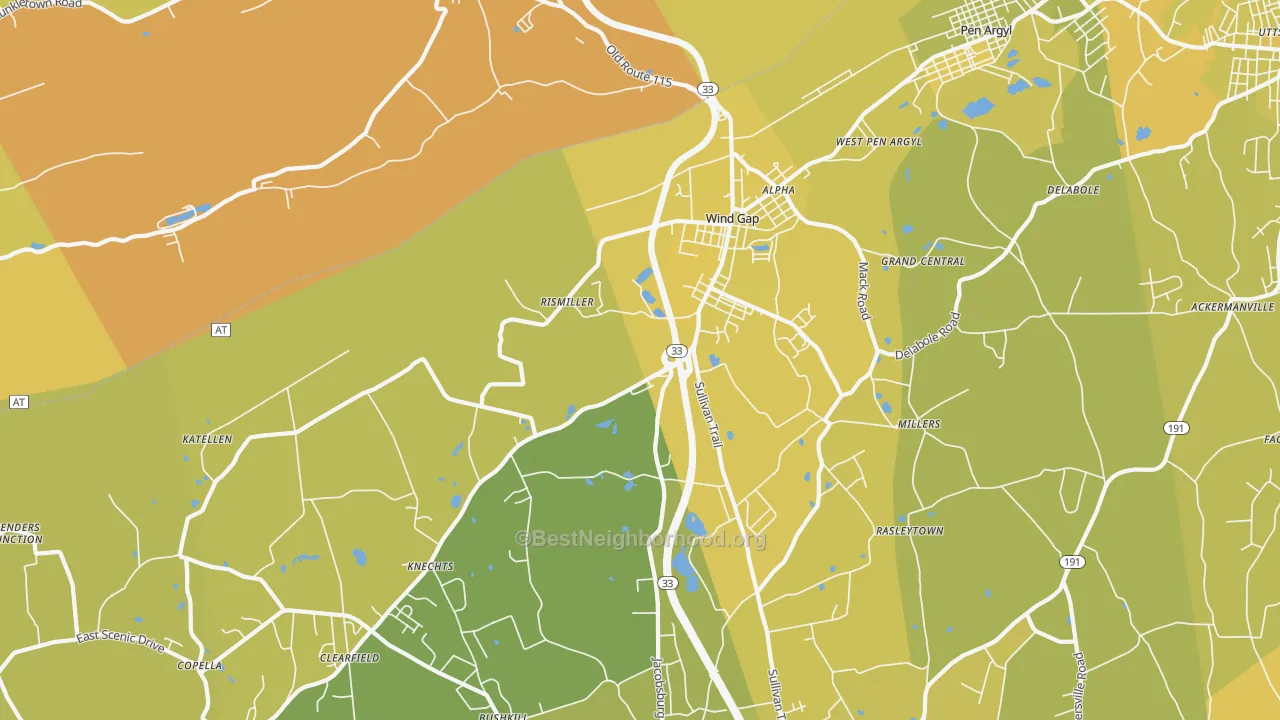 Map of the best neighborhoods in the Wind Gap area, with better matches in green and worse matches in red