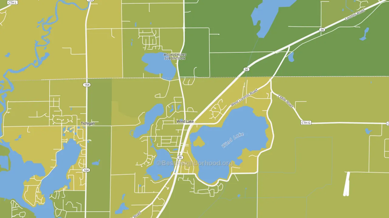 Map of the best neighborhoods in the Wind Lake area, with better matches in green and worse matches in red