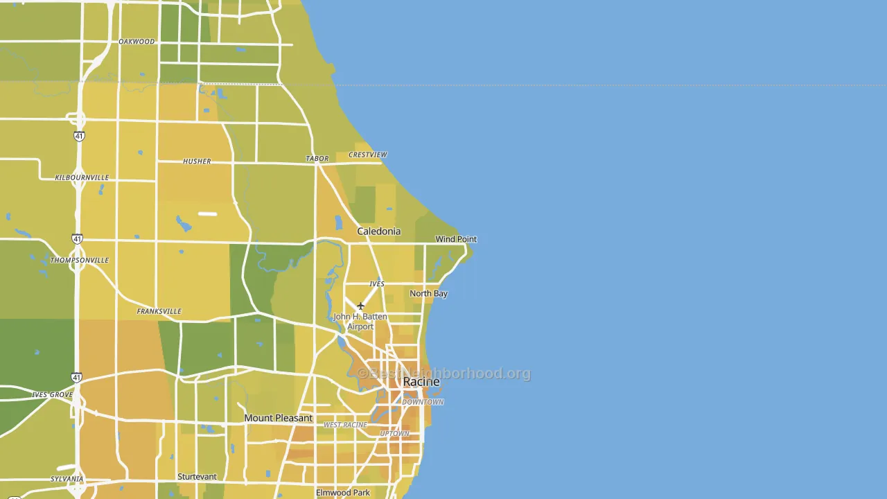 Map of the best neighborhoods in the Wind Point area, with better matches in green and worse matches in red