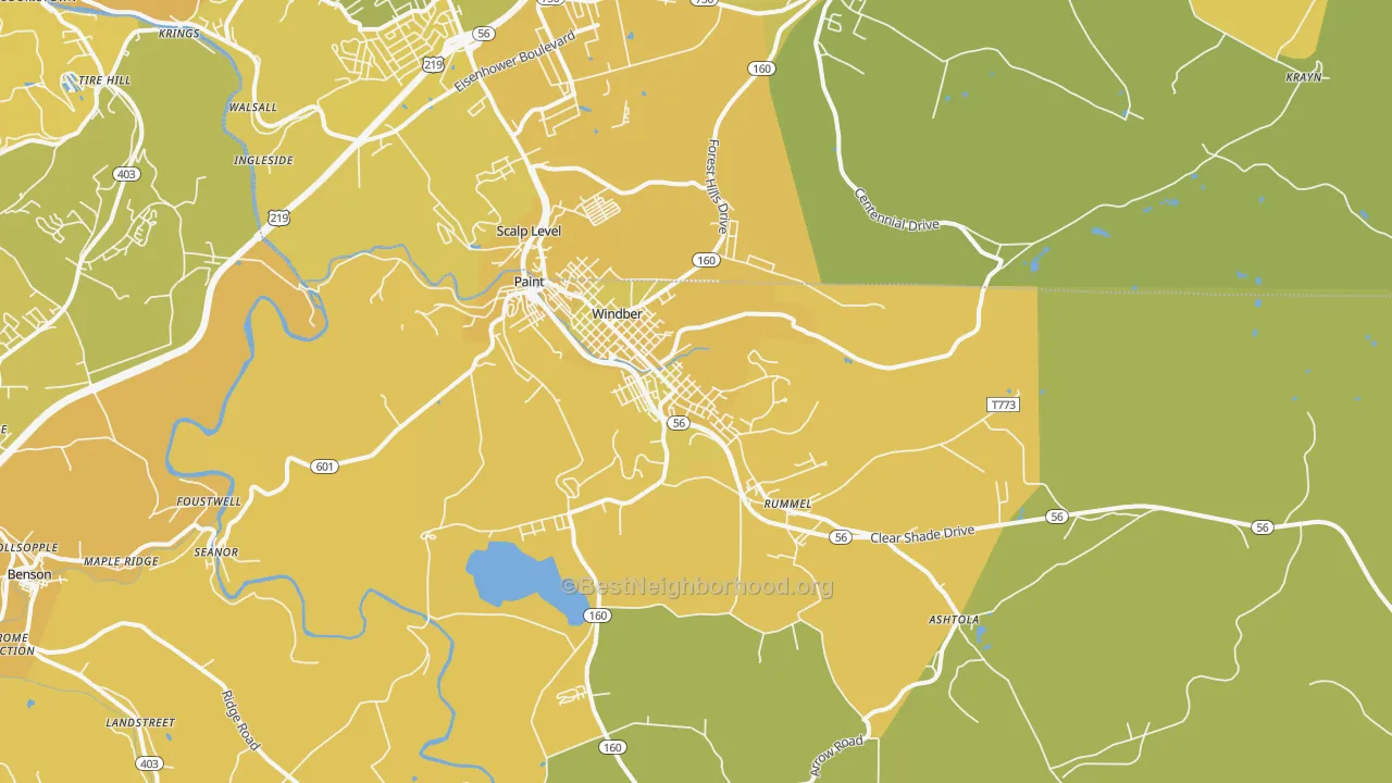 Map of the best neighborhoods in the Windber area, with better matches in green and worse matches in red