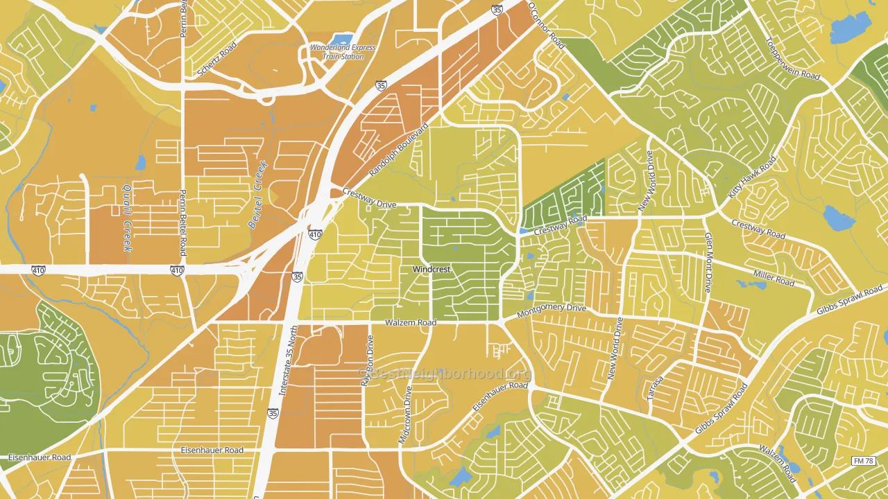 Map of the best neighborhoods in the Windcrest area, with better matches in green and worse matches in red