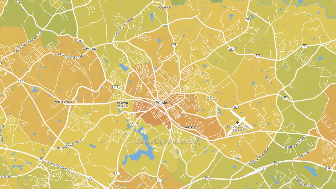 Map of the best neighborhoods in the Winder area, with better matches in green and worse matches in red