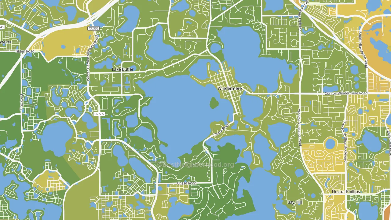 Map of the best neighborhoods in the Windermere area, with better matches in green and worse matches in red