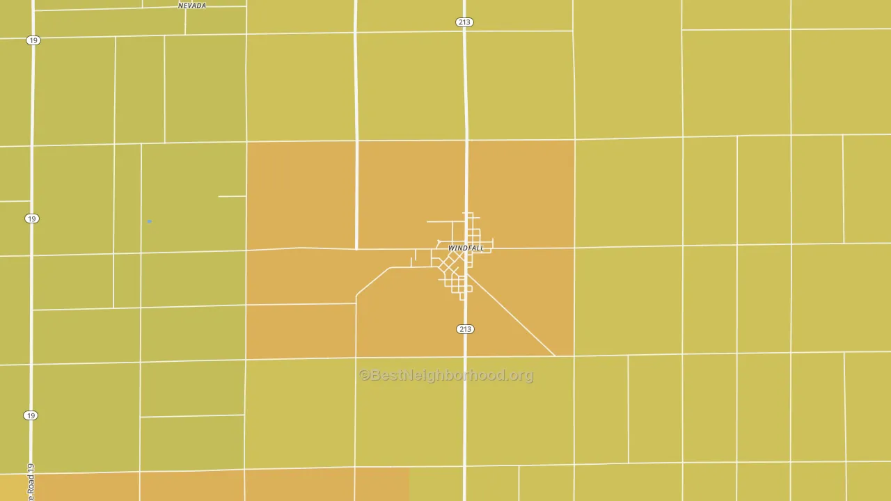 Map of the best neighborhoods in the Windfall City area, with better matches in green and worse matches in red