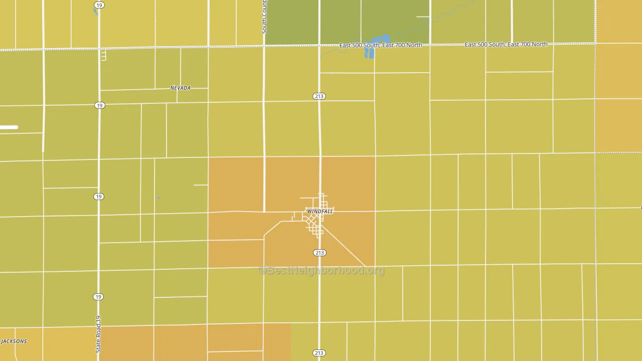 Map of the best neighborhoods in the Windfall area, with better matches in green and worse matches in red
