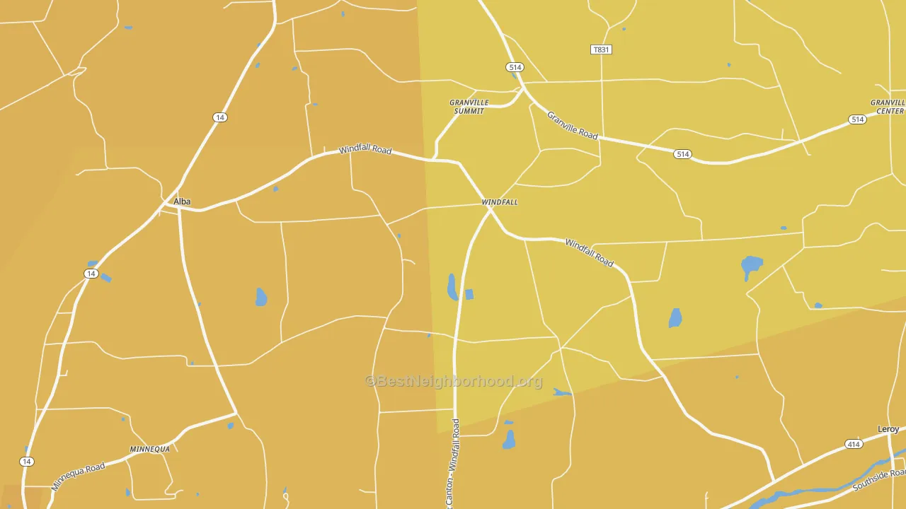 Map of the best neighborhoods in the Windfall area, with better matches in green and worse matches in red