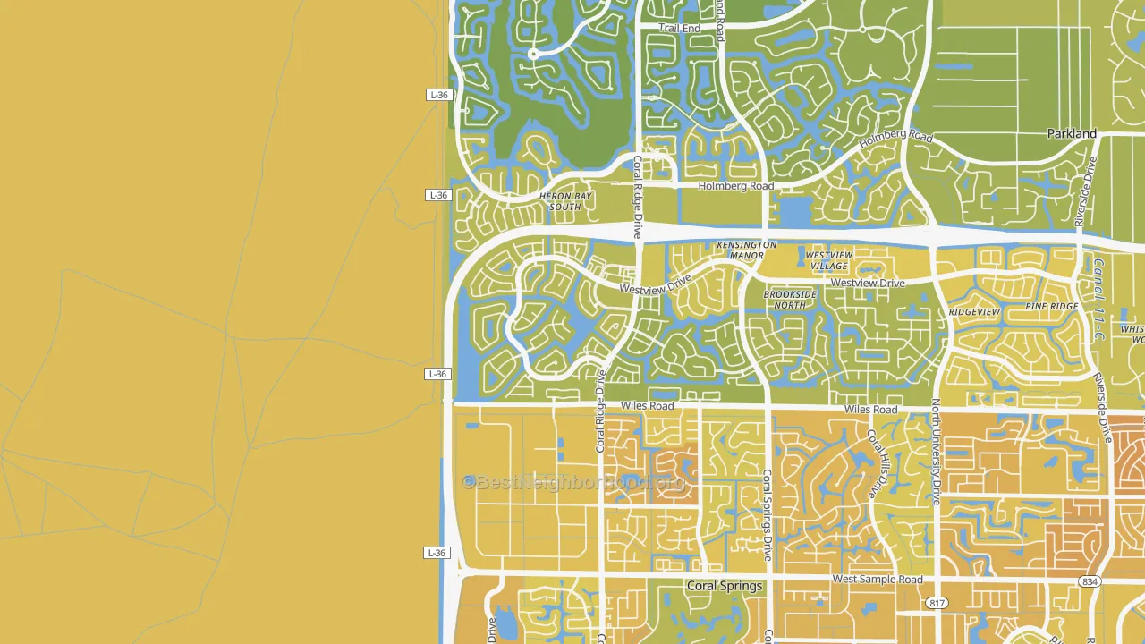 Map of the best neighborhoods in the Windham, Coral Springs area, with better matches in green and worse matches in red