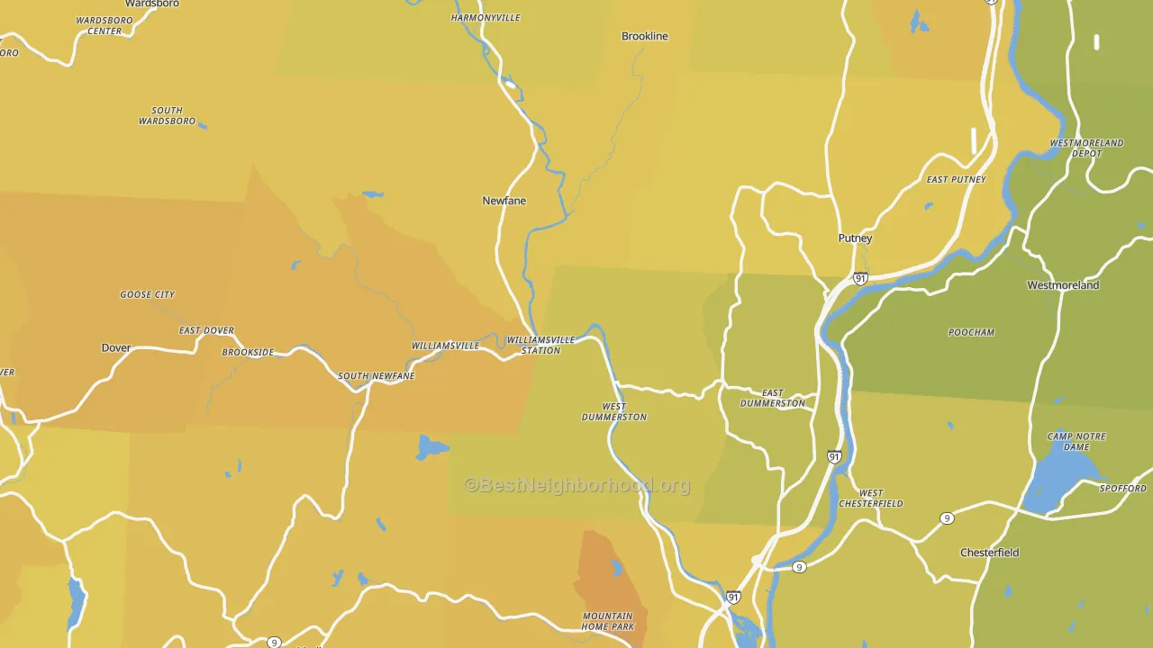 Map of the best neighborhoods in the Windham County area, with better matches in green and worse matches in red