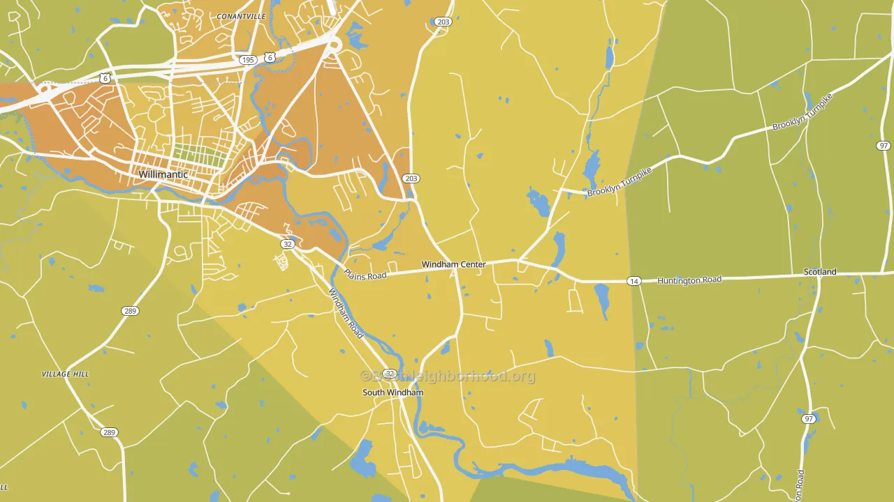 Map of the best neighborhoods in the Windham area, with better matches in green and worse matches in red