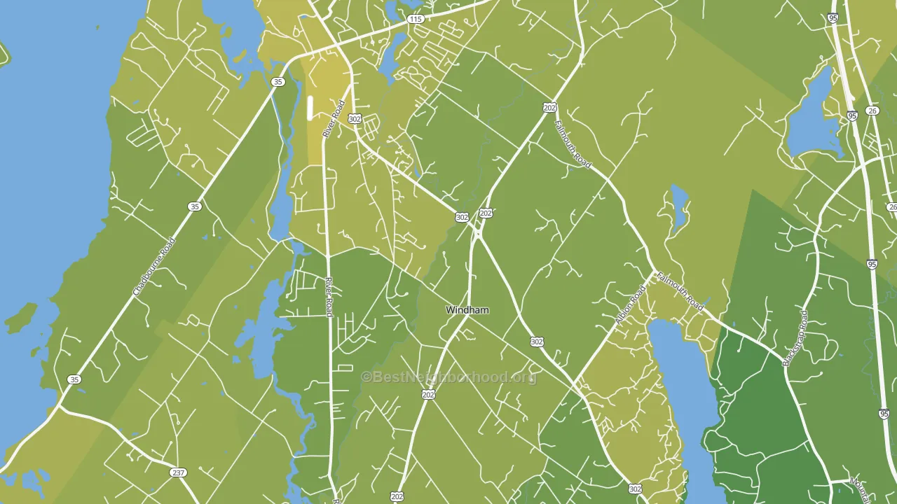 Map of the best neighborhoods in the Windham area, with better matches in green and worse matches in red