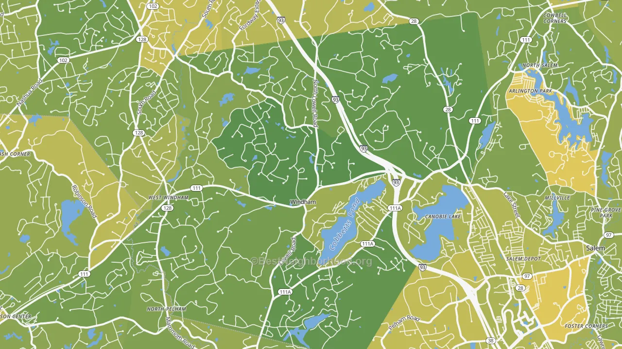 Map of the best neighborhoods in the Windham area, with better matches in green and worse matches in red