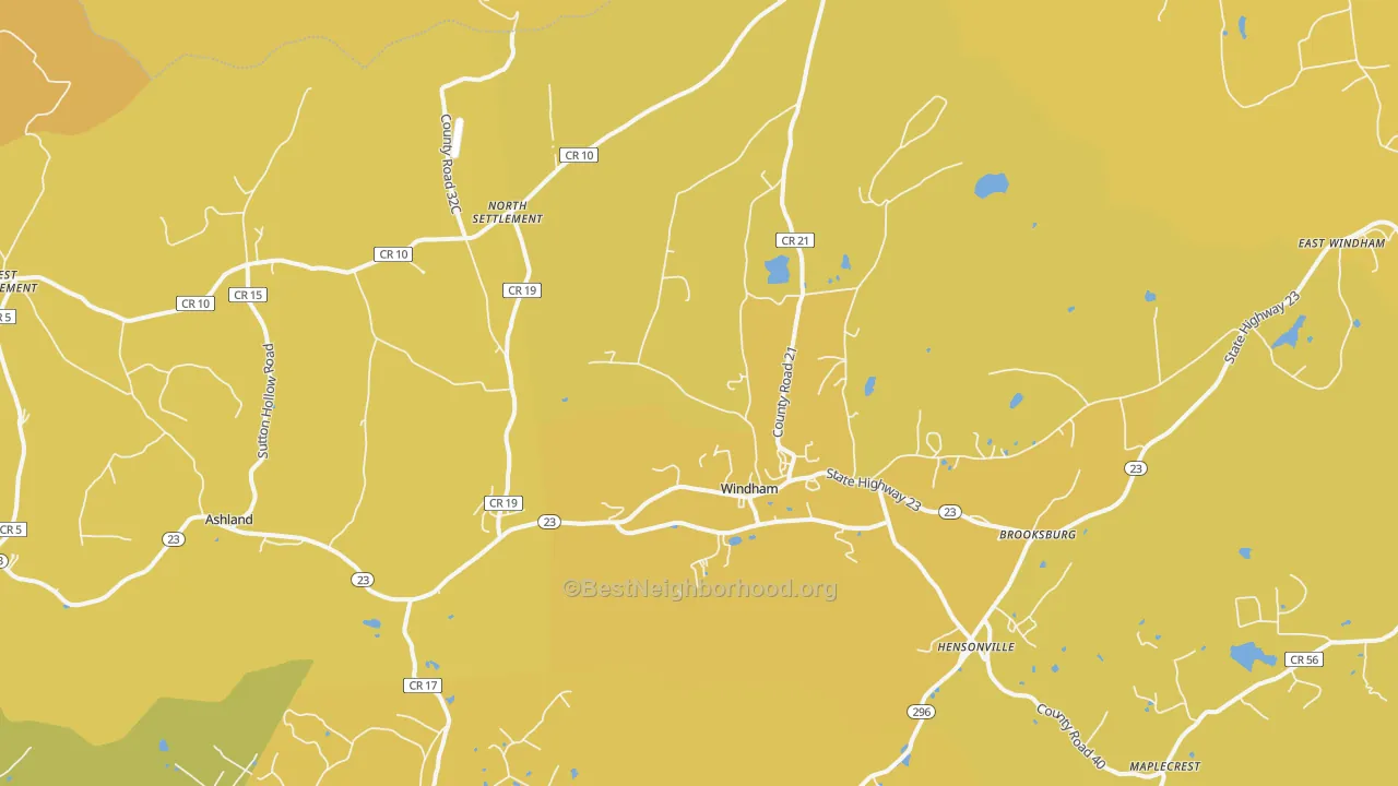 Map of the best neighborhoods in the Windham area, with better matches in green and worse matches in red