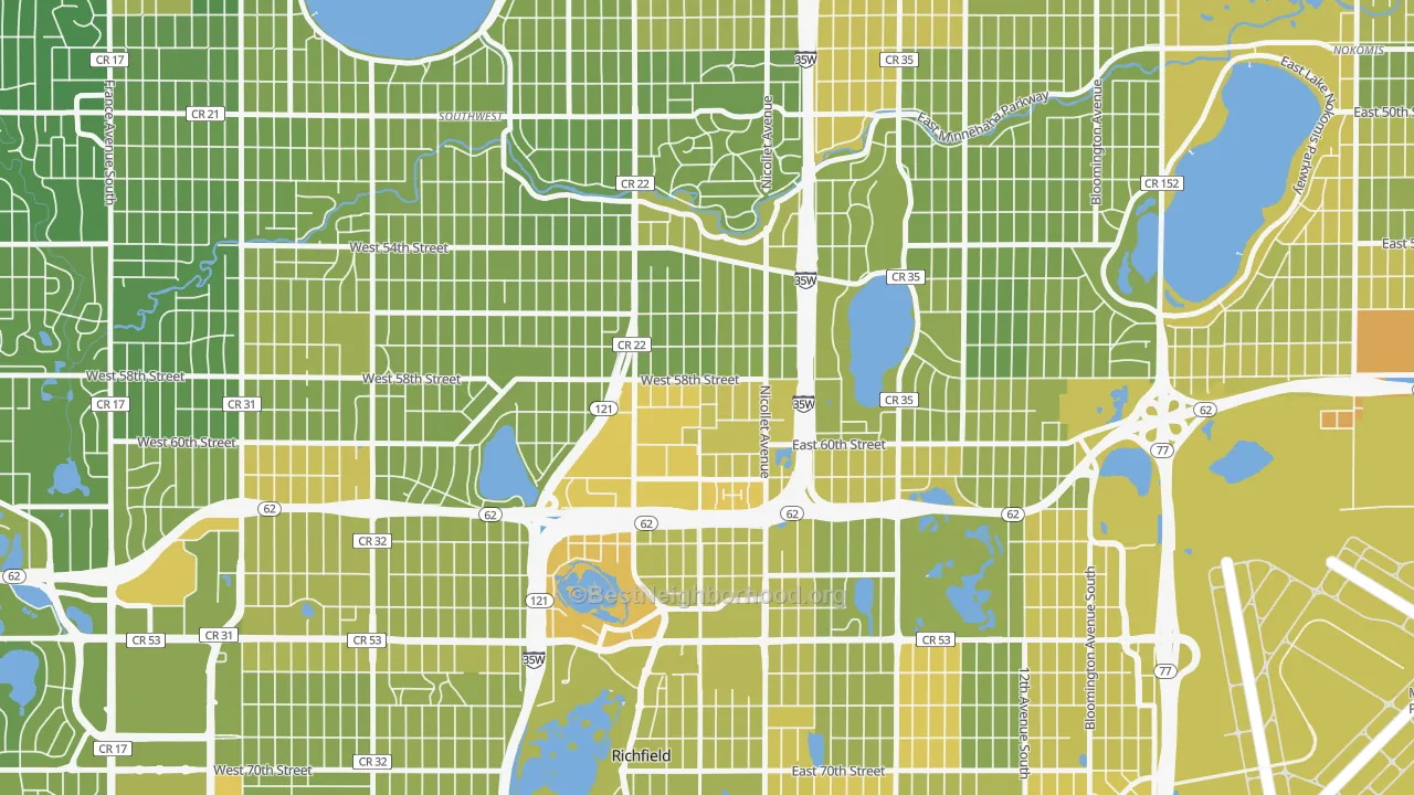 Map of the best neighborhoods in the Windom, Minneapolis area, with better matches in green and worse matches in red