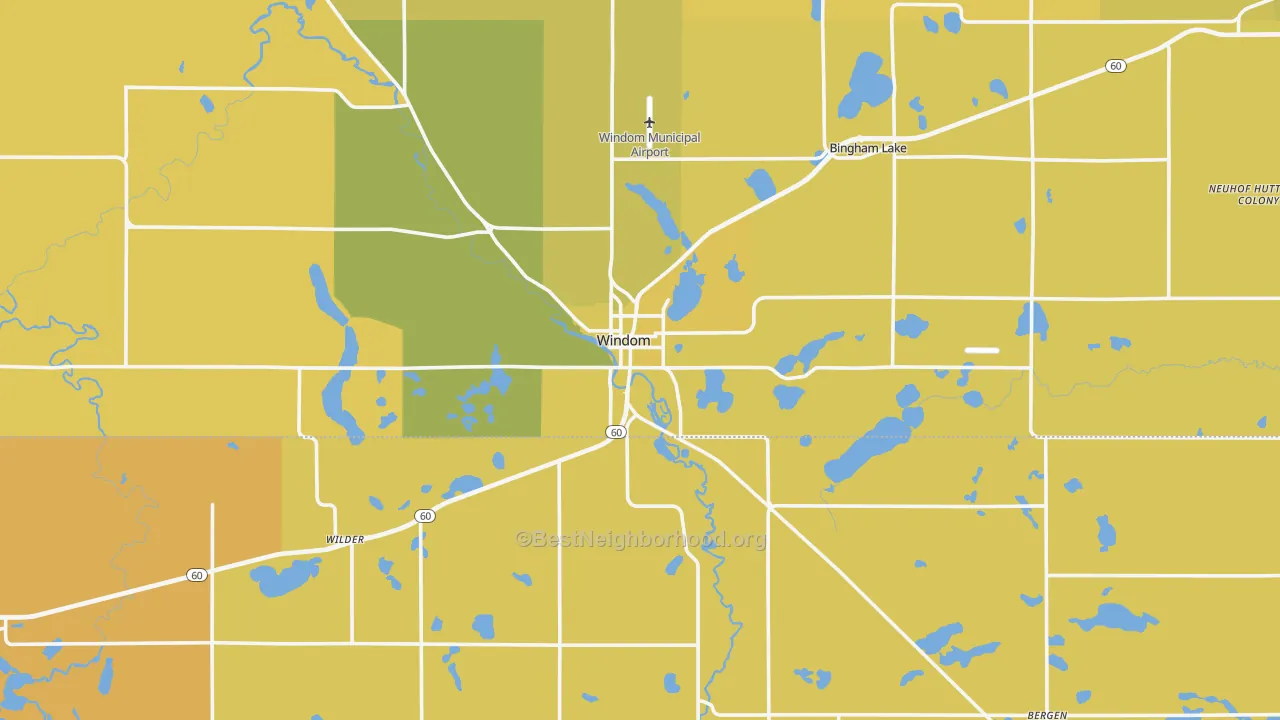 Map of the best neighborhoods in the Windom area, with better matches in green and worse matches in red
