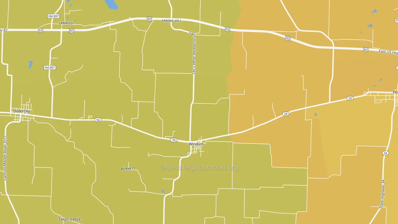Map of the best neighborhoods in the Windom area, with better matches in green and worse matches in red