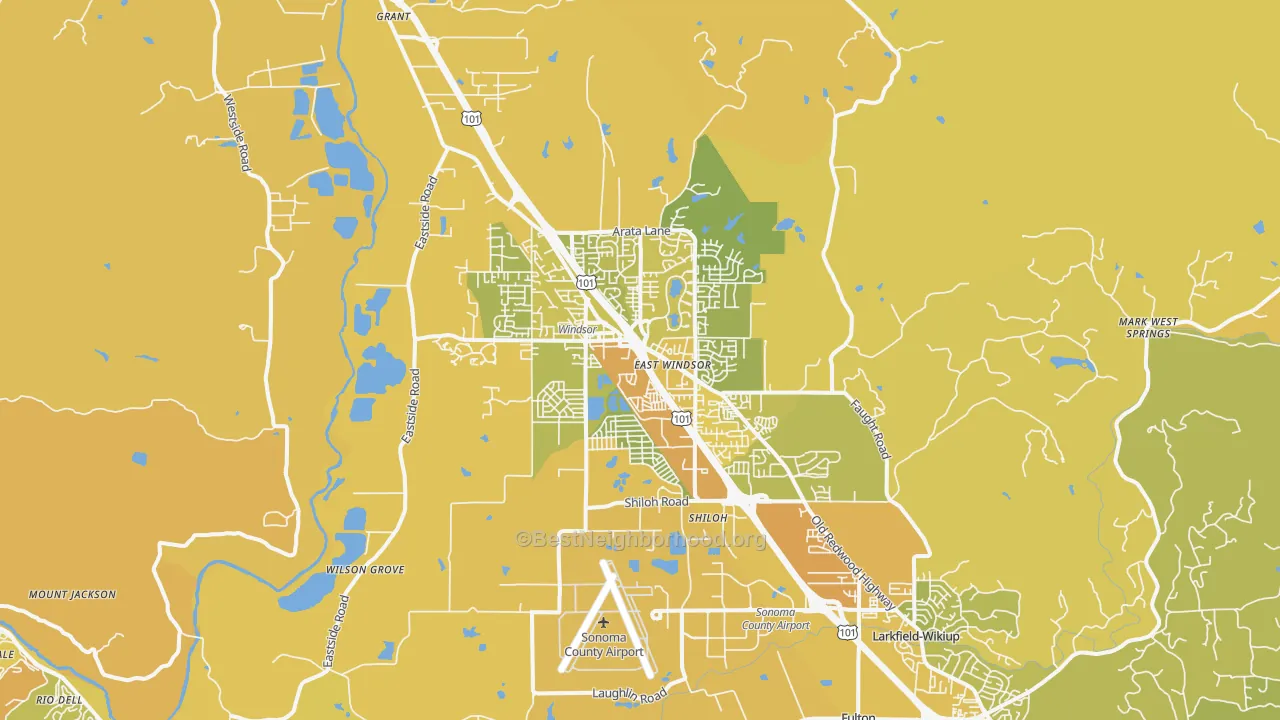 Map of the best neighborhoods in the Windsor area, with better matches in green and worse matches in red