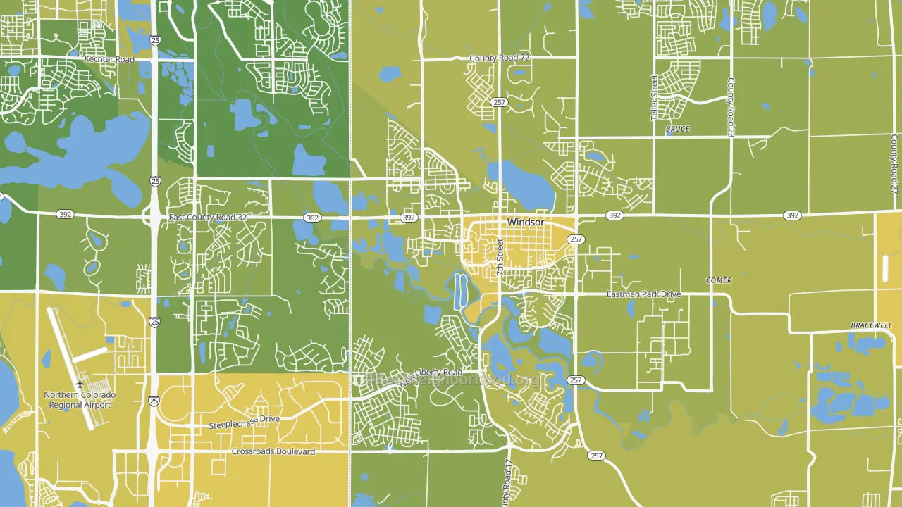 Map of the best neighborhoods in the Windsor area, with better matches in green and worse matches in red