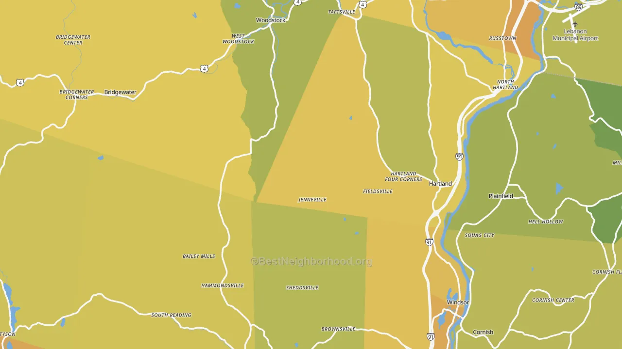 Map of the best neighborhoods in the Windsor County area, with better matches in green and worse matches in red