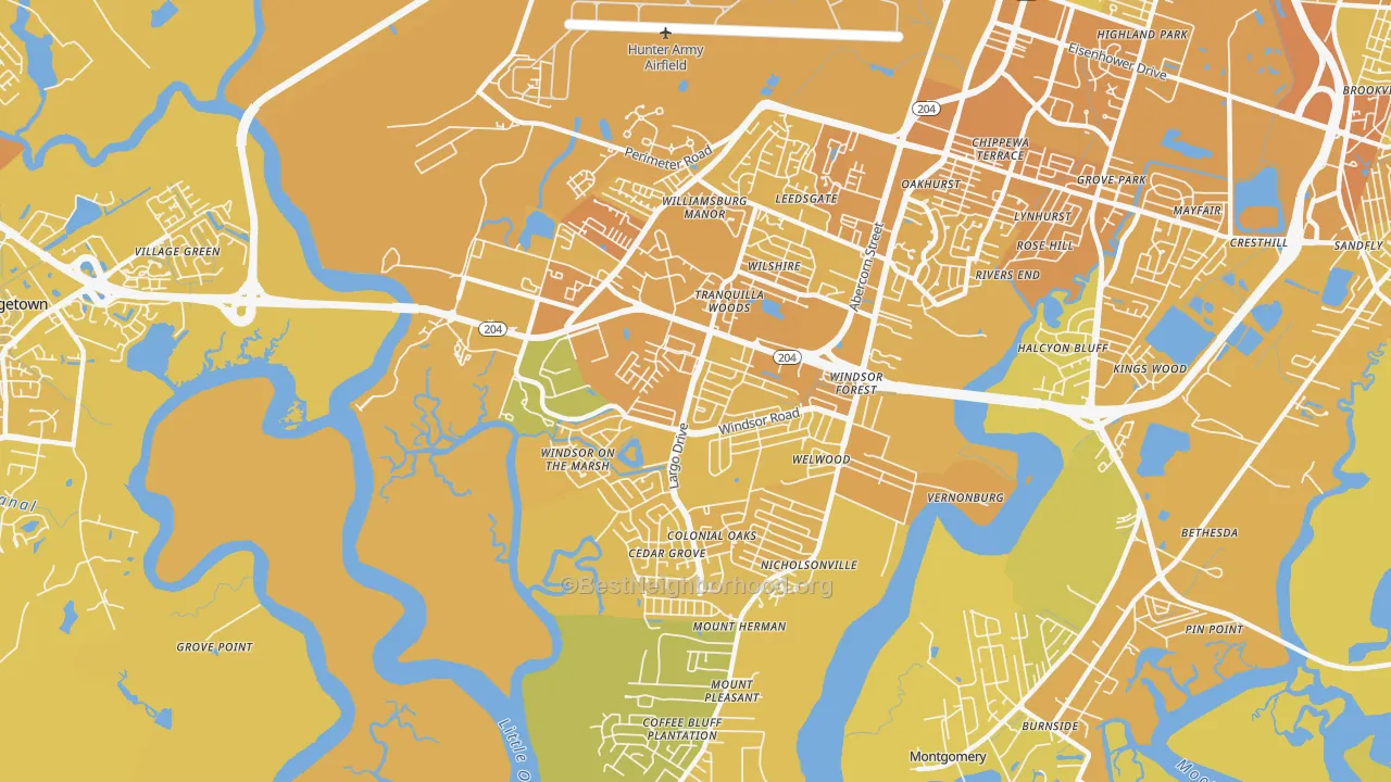 Map of the best neighborhoods in the Windsor Forest, Savannah area, with better matches in green and worse matches in red