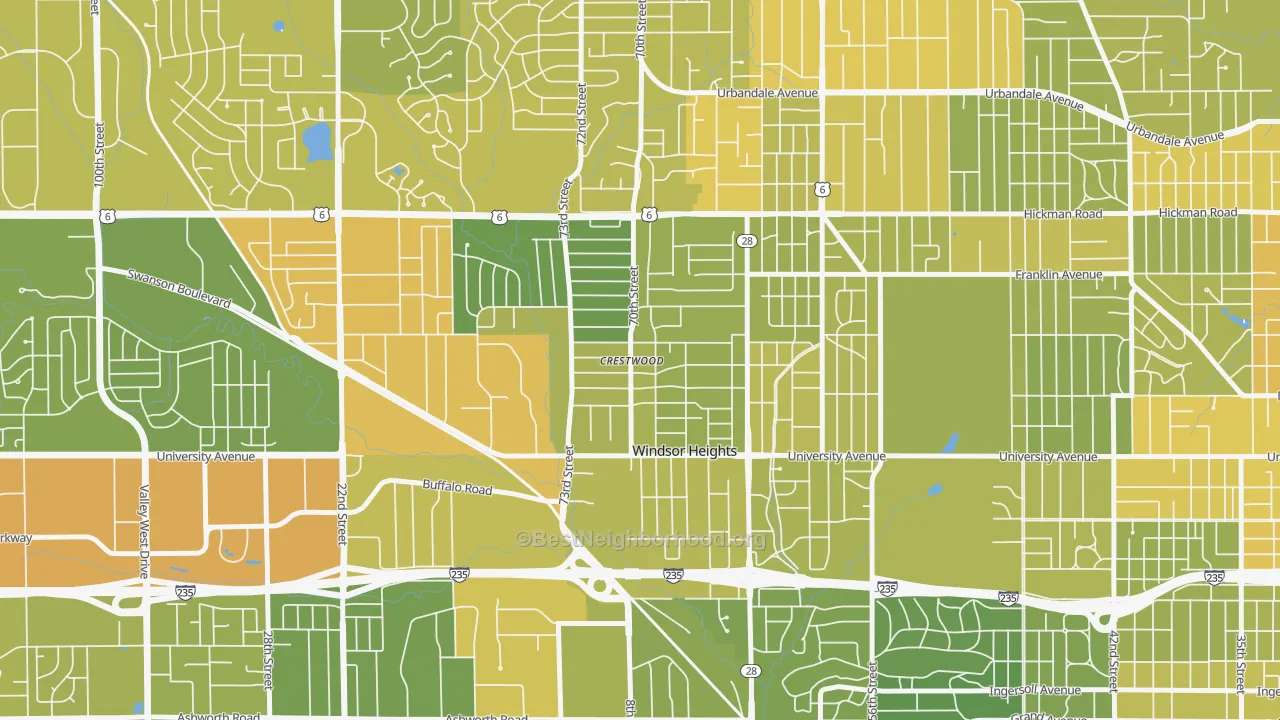 Map of the best neighborhoods in the Windsor Heights area, with better matches in green and worse matches in red