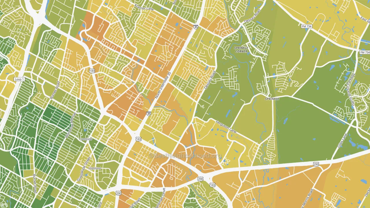 Map of the best neighborhoods in the Windsor Hills, Austin area, with better matches in green and worse matches in red