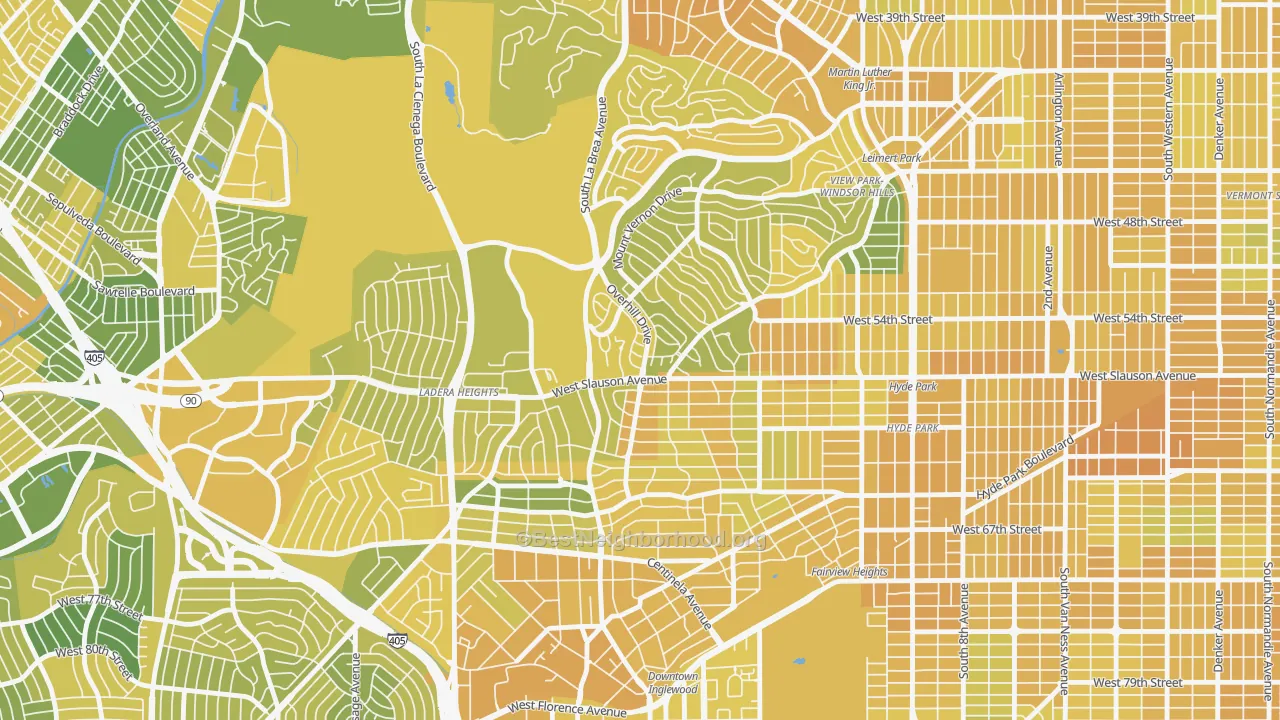 Map of the best neighborhoods in the Windsor Hills, View Park-Windsor Hills area, with better matches in green and worse matches in red