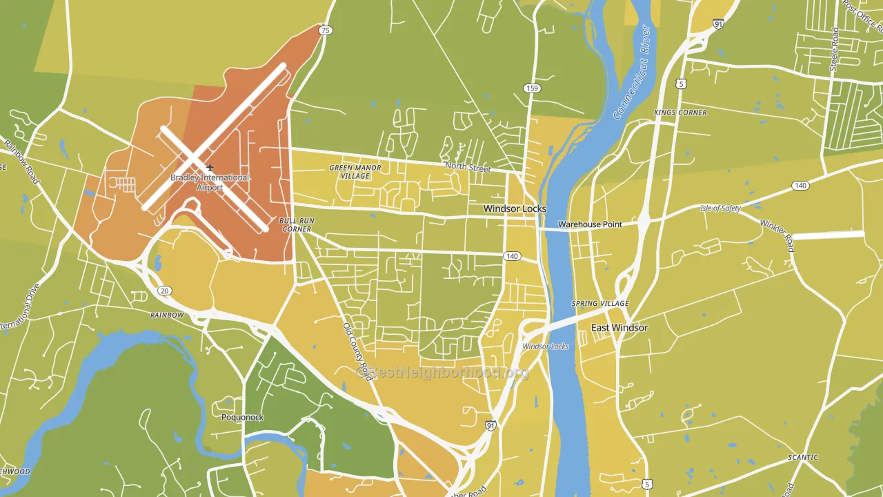 Map of the best neighborhoods in the Windsor Locks area, with better matches in green and worse matches in red