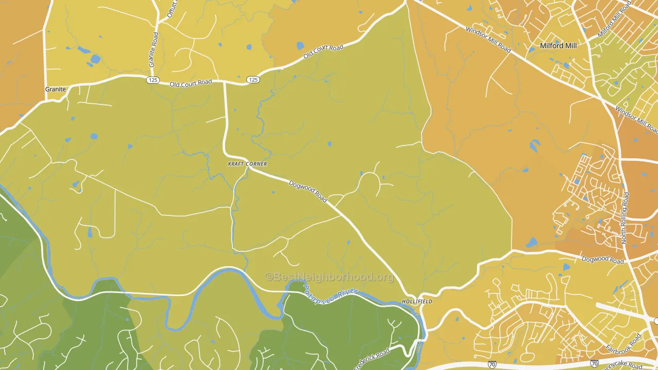 Map of the best neighborhoods in the Windsor Mill area, with better matches in green and worse matches in red