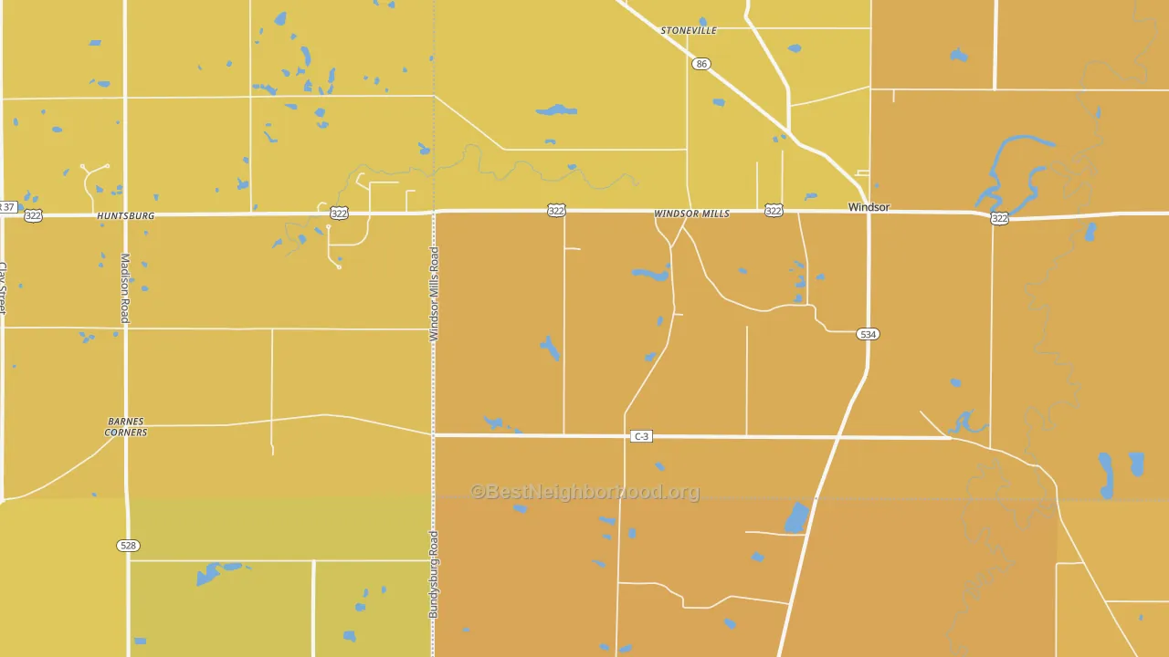 Map of the best neighborhoods in the Windsor Mills area, with better matches in green and worse matches in red