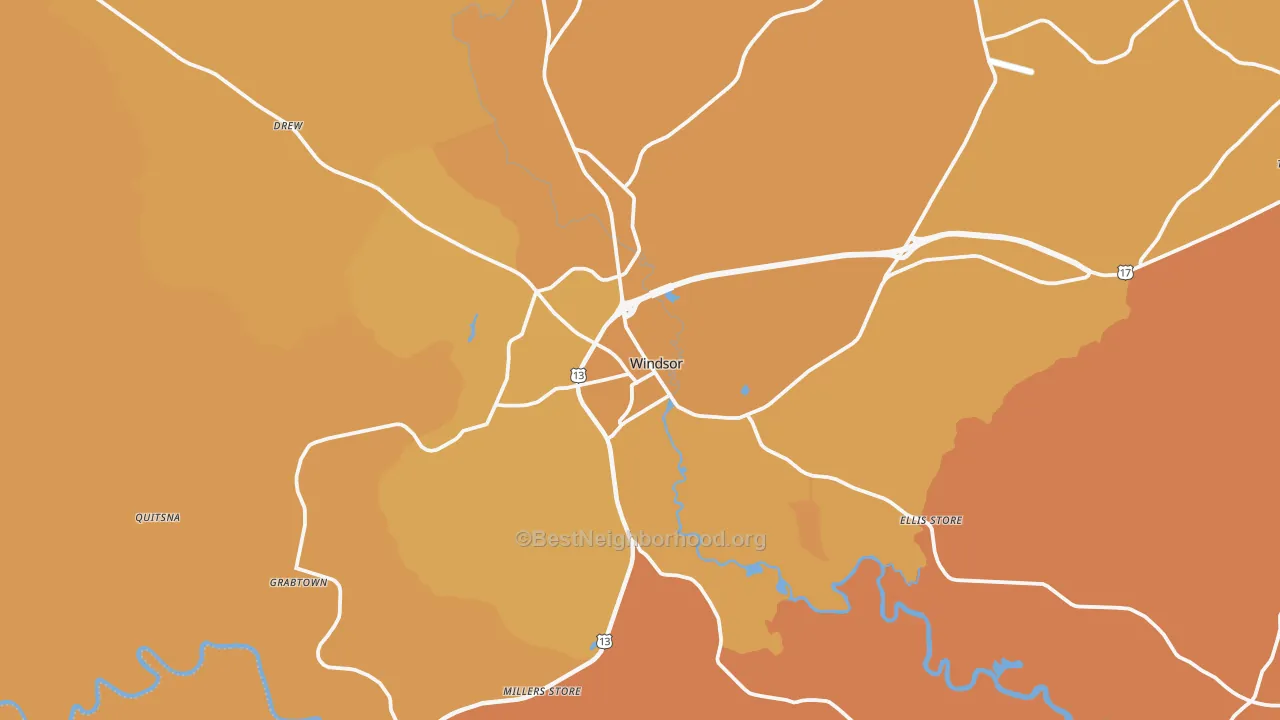 Map of the best neighborhoods in the Windsor area, with better matches in green and worse matches in red