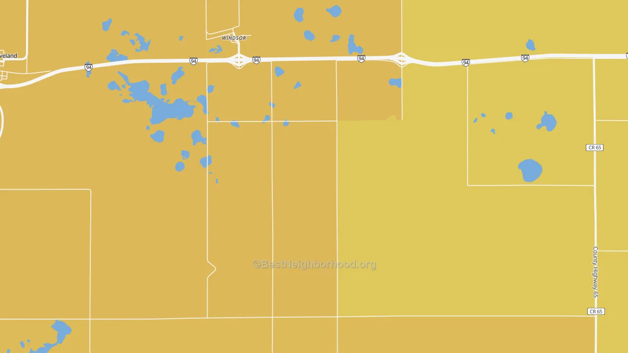 Map of the best neighborhoods in the Windsor area, with better matches in green and worse matches in red