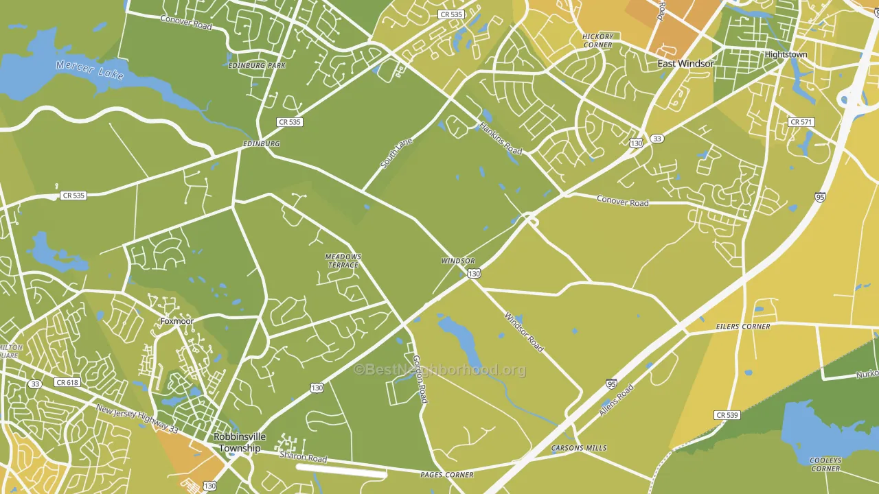 Map of the best neighborhoods in the Windsor area, with better matches in green and worse matches in red