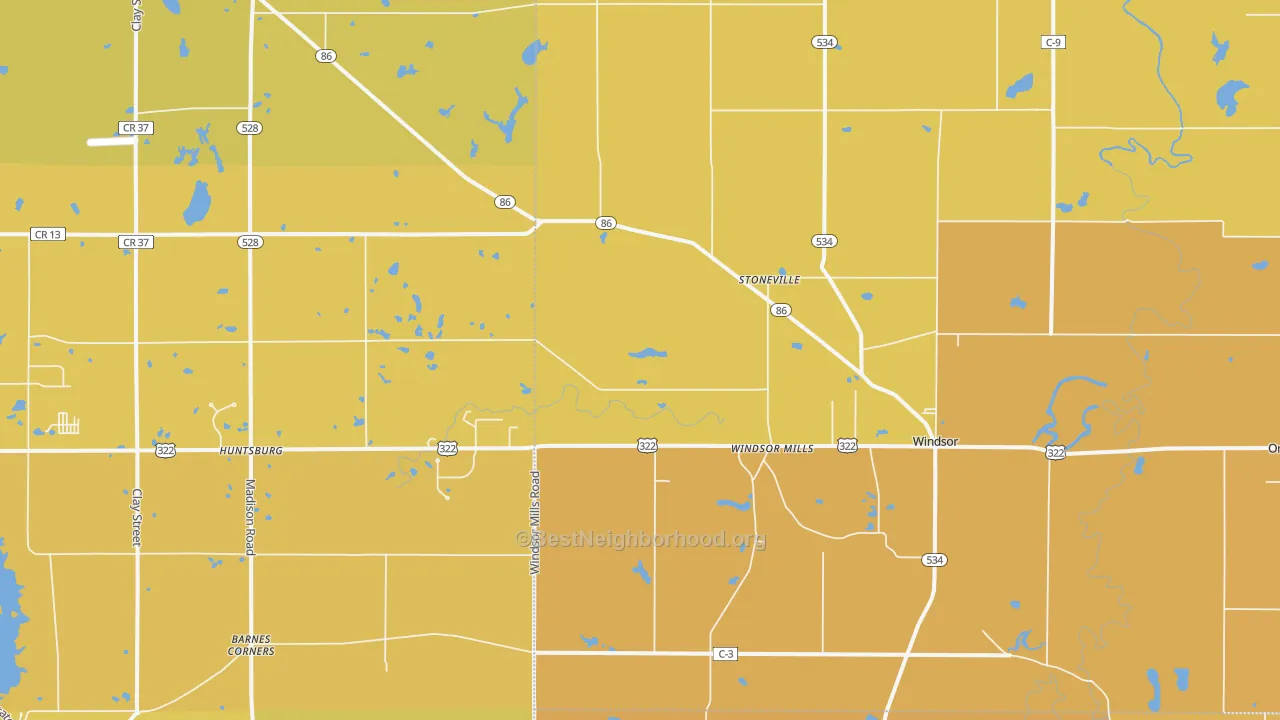 Map of the best neighborhoods in the Windsor area, with better matches in green and worse matches in red