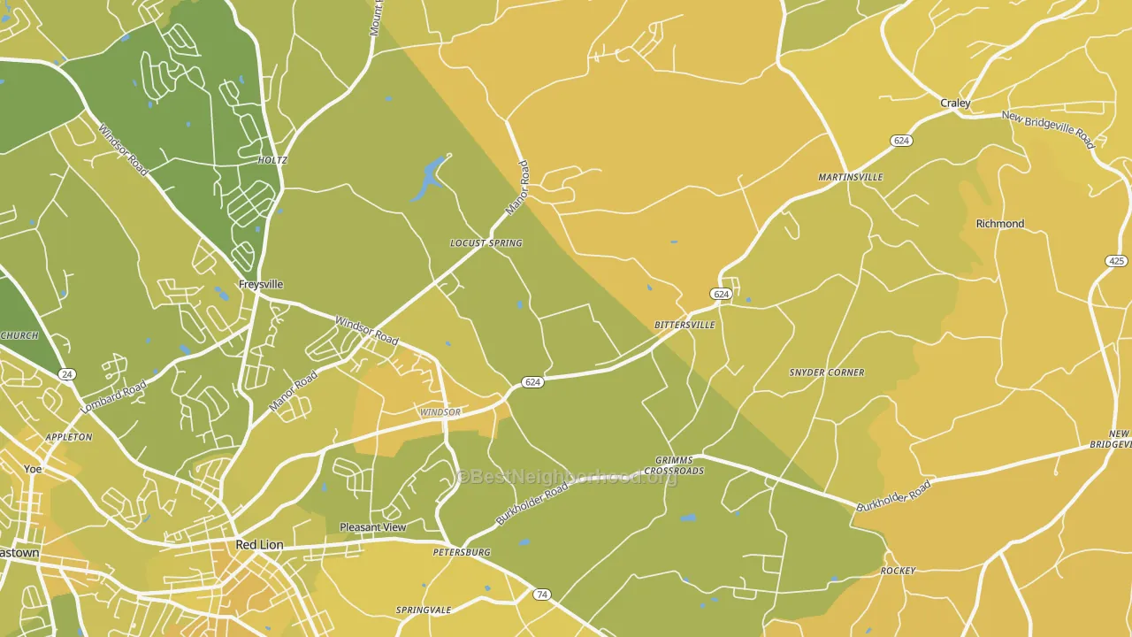 Map of the best neighborhoods in the Windsor area, with better matches in green and worse matches in red