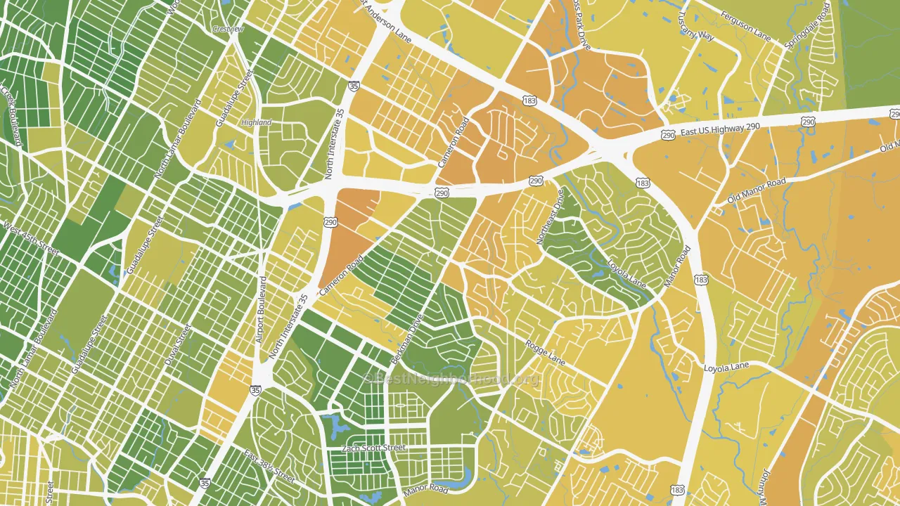 Map of the best neighborhoods in the Windsor Park, Austin area, with better matches in green and worse matches in red