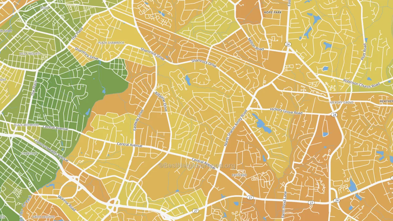 Map of the best neighborhoods in the Windsor Park, Charlotte area, with better matches in green and worse matches in red