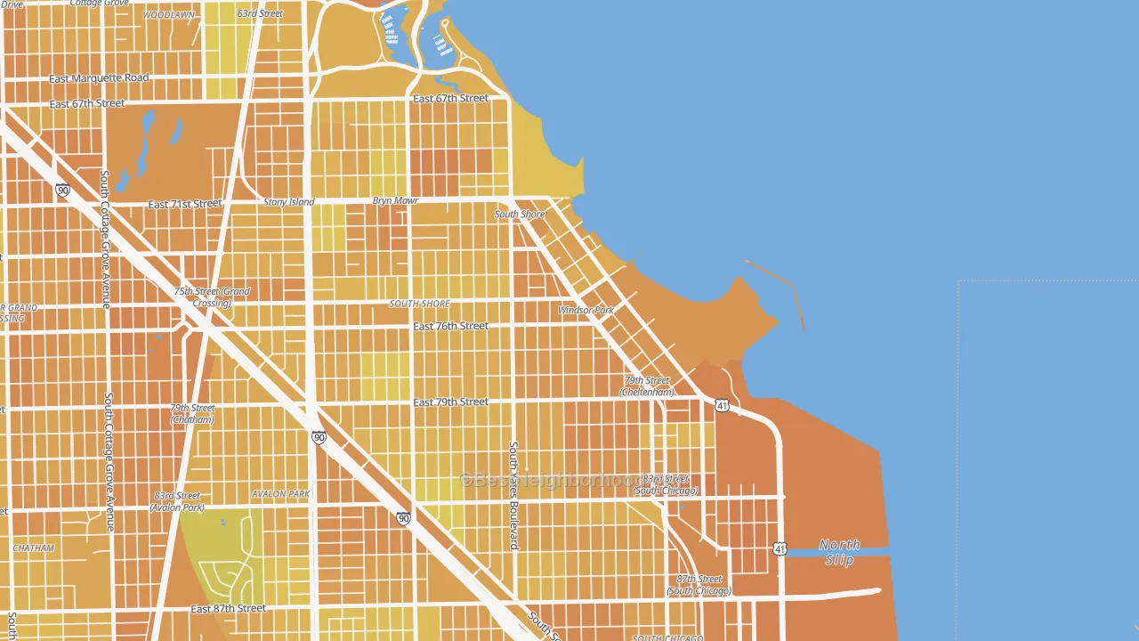 Map of the best neighborhoods in the Windsor Park, Chicago area, with better matches in green and worse matches in red