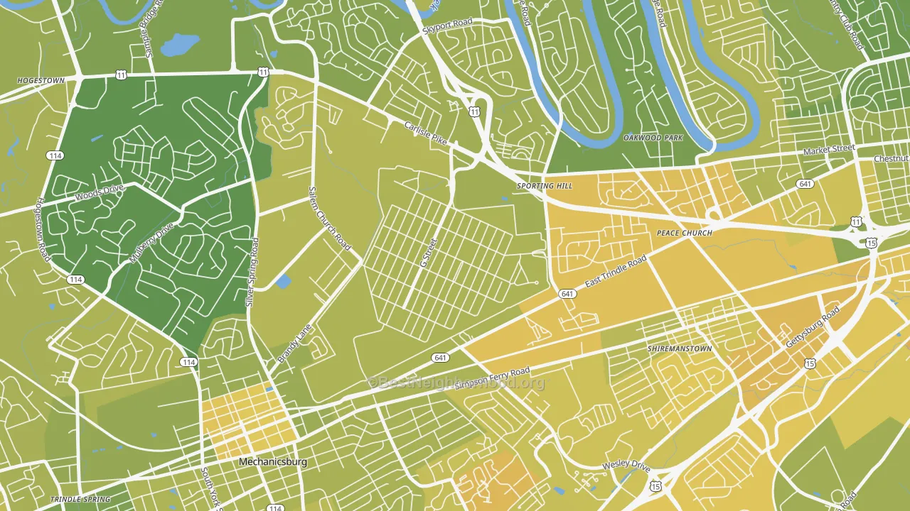 Map of the best neighborhoods in the Windsor Park area, with better matches in green and worse matches in red