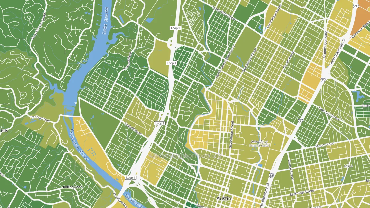 Map of the best neighborhoods in the Windsor Road, Austin area, with better matches in green and worse matches in red