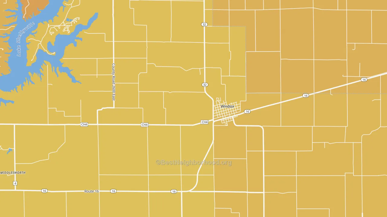 Map of the best neighborhoods in the Windsor Shelby County area, with better matches in green and worse matches in red
