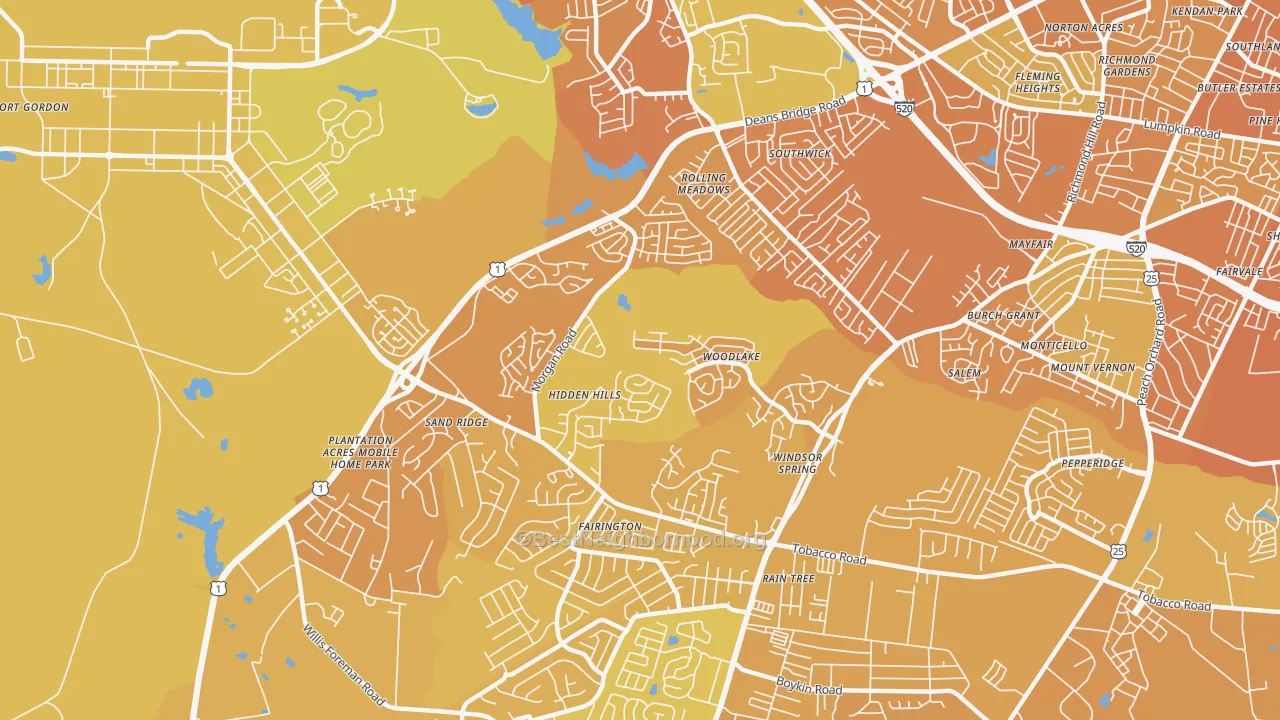 Map of the best neighborhoods in the Windsor Spring, Hephzibah area, with better matches in green and worse matches in red